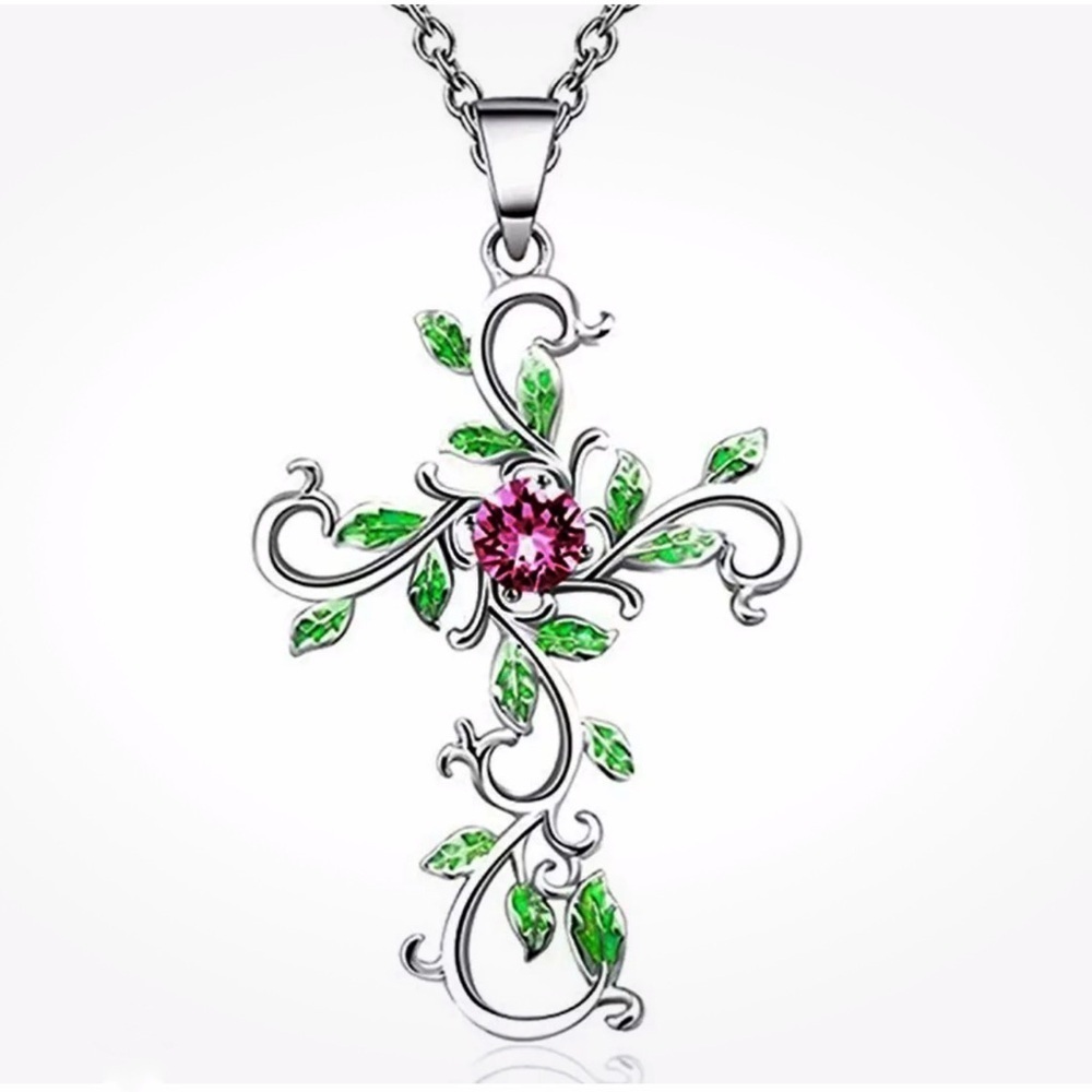 Cross Pendant Necklace Religious Jewelry Faceted Ruby Red Stone SilverTone Chain